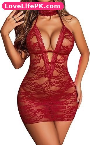 Women’s Floral Lace Halter Babydoll Lingerie Dress with G-String and Lace Choker