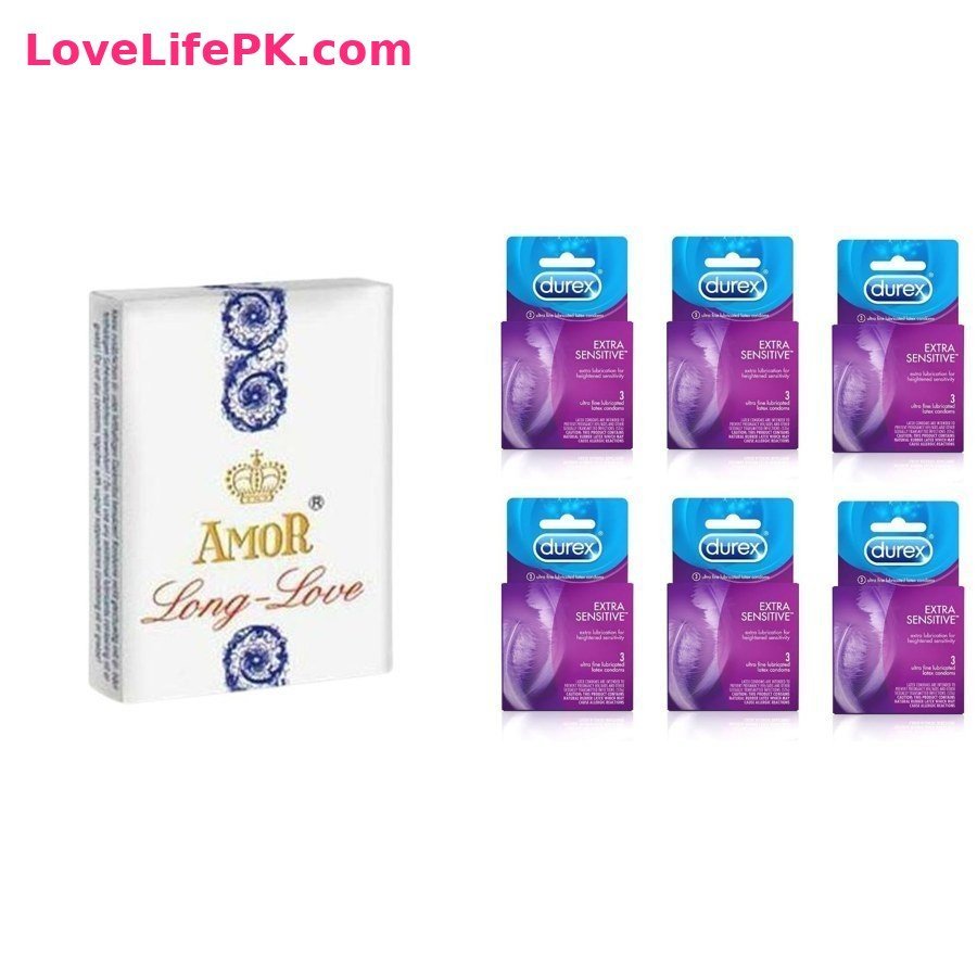 Amor Long Love Delay Cream + Durex Extra Sensitive Condoms 6 Pack Combo