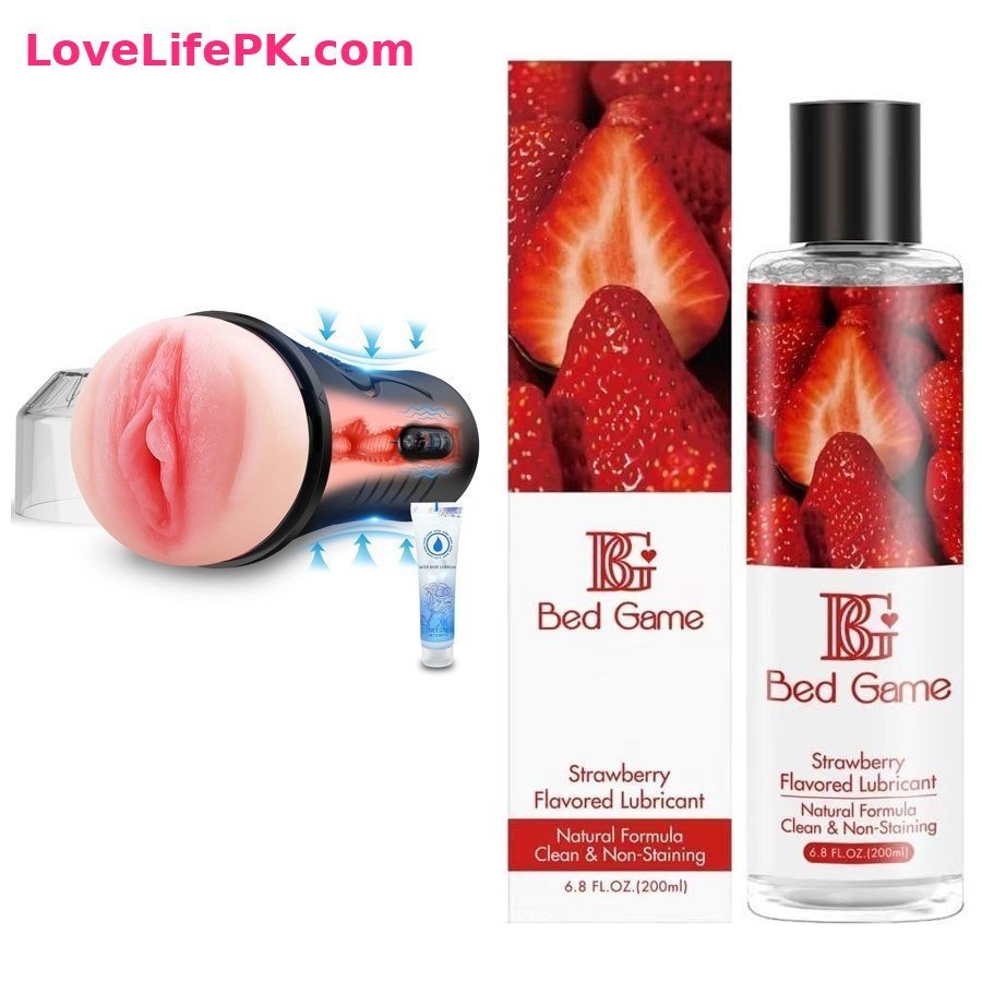 Automatic Flesh Masturbator + Bed Game Strawberry Lubricant Combo