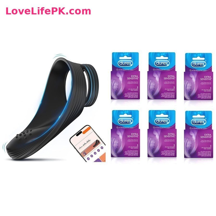 Black App Couples Vibrator + Durex Extra Sensitive Condoms 6 Pack Combo