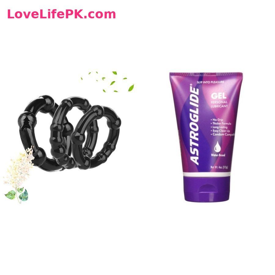 Black Beaded Cock Rings + Astroglide Gel Personal Lubricant Combo