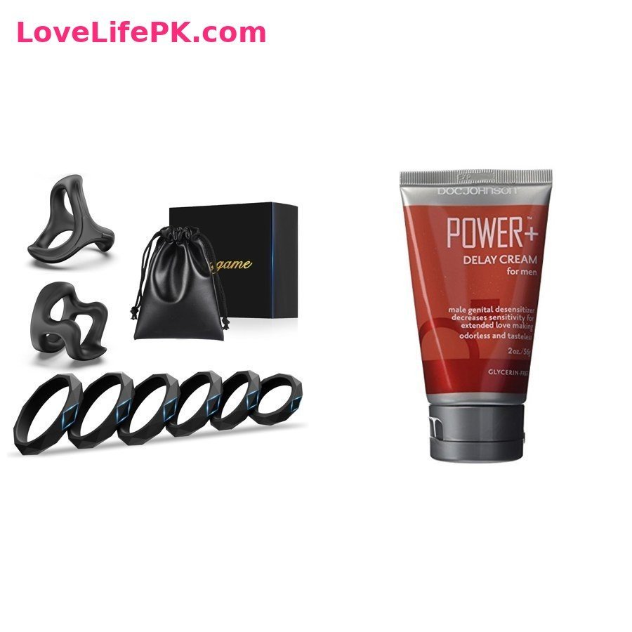 Black Cock Ring Set with Pouch + Doc Johnson Power Plus Delay Cream Combo