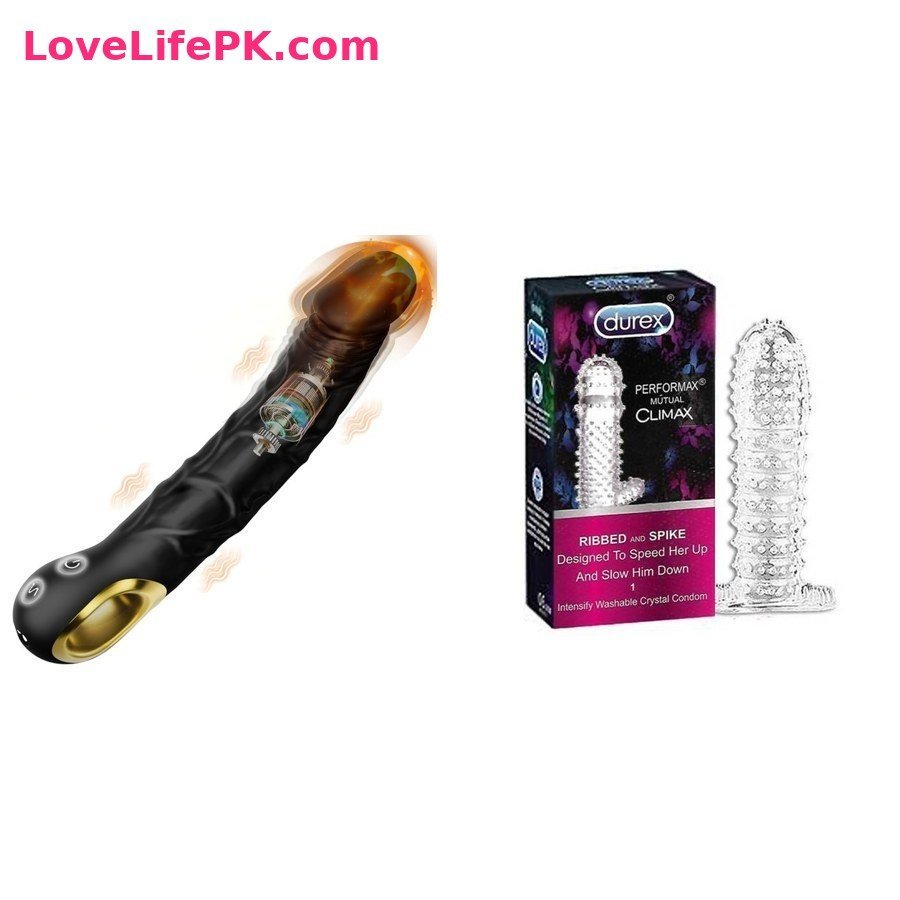 Black Gold Thrusting Dildo + Durex Performax Climax Condoms Combo