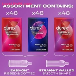 Durex Adventure Condom Variety Pack – 144 Count Ribbed, Dotted & Smooth Condoms