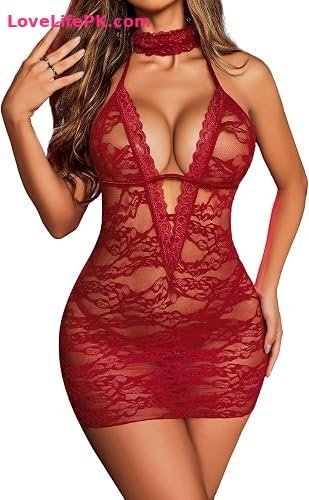 Women’s Floral Lace Halter Babydoll Lingerie Dress with G-String and Lace Choker