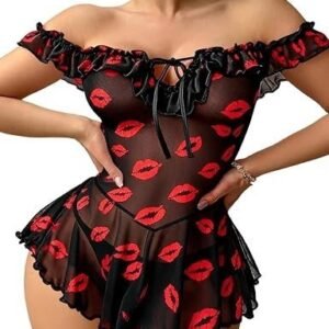 Women’s Off-Shoulder Babydoll Lingerie Dress with Matching Thong